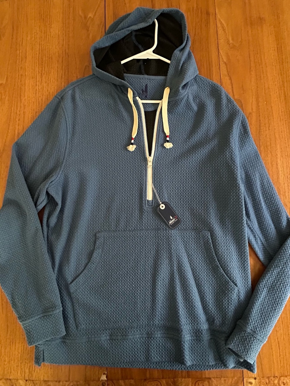 johnnie-O Blue Waffle Knit Half-Zip Hoodie with Cream Drawcords
